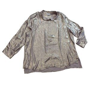 Calvin Klein Metallic Blouse Women's Plus Size 3X Roll Tab Sleeves Button Front